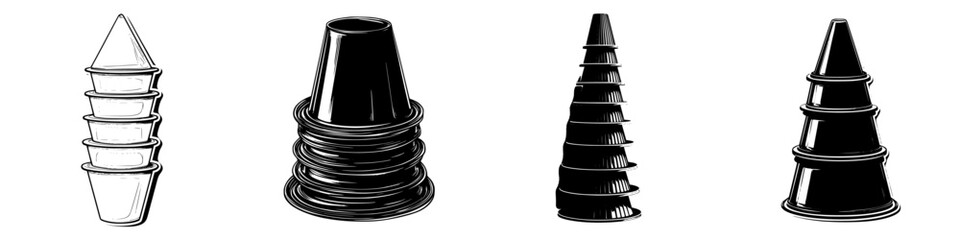 Poster - Hand drawn vector sketch of various stacking cups arranged in different formations with varying heights and styles