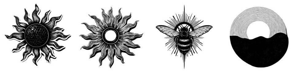 Poster - Hand drawn vector illustrations featuring celestial symbols and a bee centered around nature and mysticism in black and white