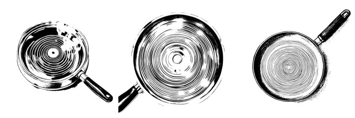 Poster - Hand drawn vector illustration of frying pans showing swirling patterns in the bottoms during cooking preparation