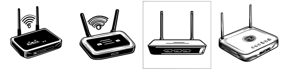 Poster - Hand drawn vector illustrations of various router designs showcasing different features and styles