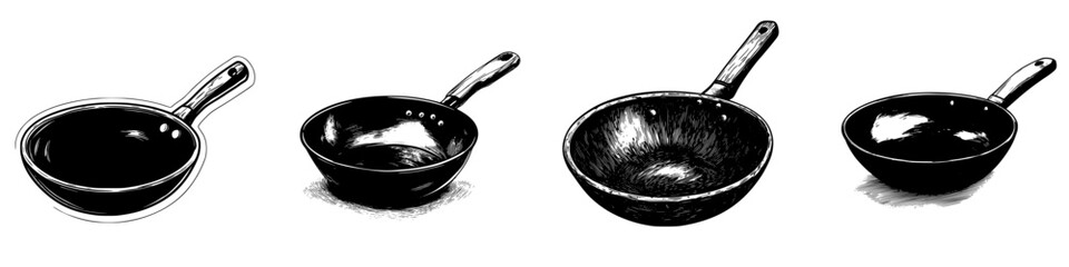 Poster - Hand drawn vector illustration of various frying pans showcasing different shapes and sizes in a culinary context