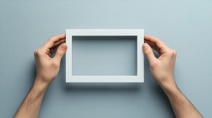 Poster - Hands holding empty frame. Top-down view on gray surface. Abstract. Minimalist. Copy space