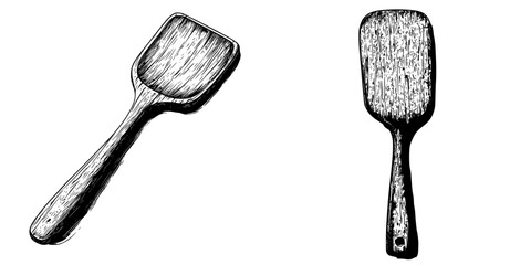 Poster - Hand-drawn vector sketch of wooden kitchen utensils showing a spatula and a scoop in detailed design