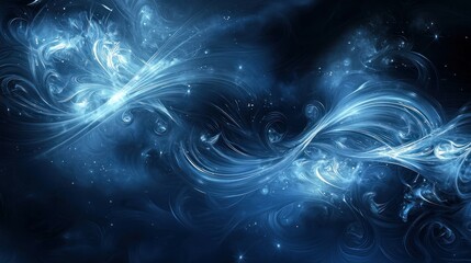Poster - A dark blue background with abstract wave patterns and glowing elements.