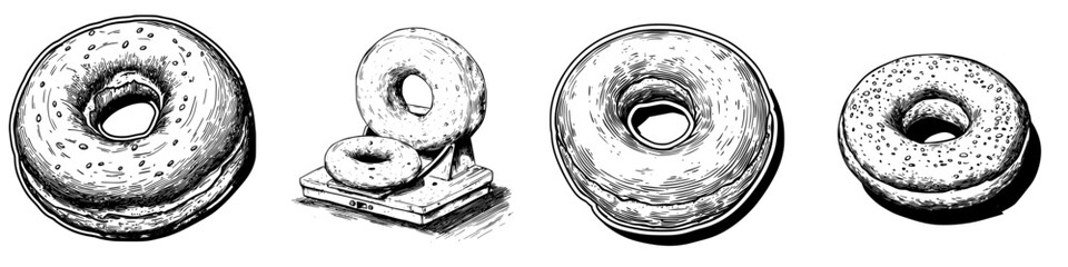 Poster - Detailed hand-drawn vector illustration of various types of donuts on a display stand with a variety of textures and patterns