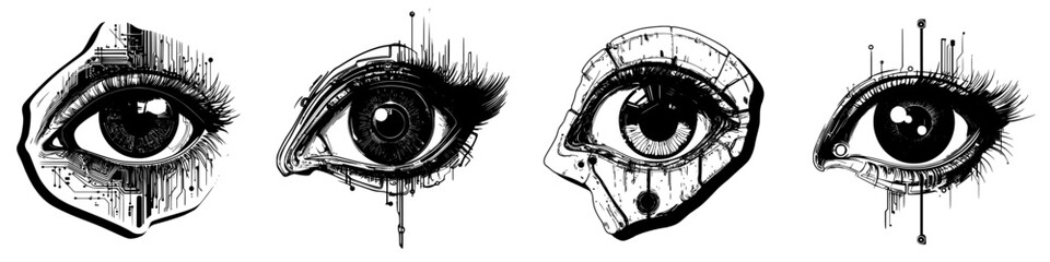 Poster - Abstract hand-drawn vector illustration of four unique eye designs with intricate details and contrasting features