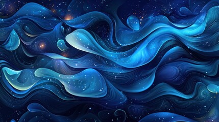 Poster - A dark blue background with abstract wave patterns and glowing elements.