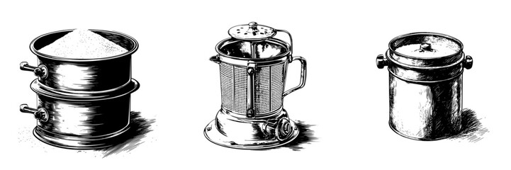 Poster - Hand drawn vector illustration sketch of kitchen tools including a sifter, strainer, and storage container