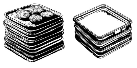 Poster - Hand drawn vector illustration of stacked plates with citrus slices and empty plates in a simple design