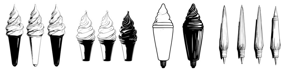 Poster - Hand drawn vector illustration of ice cream cones and piping bags in a creative sketch style for food design