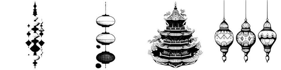 Poster - Hand drawn vector illustrations of traditional Asian lanterns and pagodas showcasing intricate designs and cultural elements at night