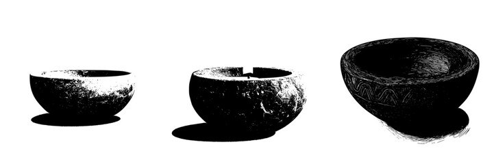 Poster - Hand drawn vector illustration of various bowl shapes showcasing artistic design techniques and textures