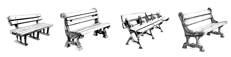 Poster - Hand-drawn vector illustration of various park benches in different styles and designs ideal for outdoor spaces