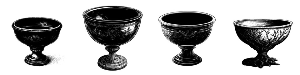 Poster - Detailed hand-drawn vector sketch of decorative bowls showcasing various styles and designs
