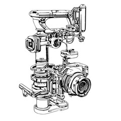 Poster - Hand drawn vector illustration of a detailed camera stabilizer and lens setup for professional photography