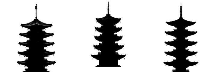 Poster - Hand drawn vector illustration of traditional pagoda structures in various designs set against a blank background