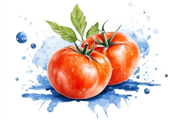 Poster - A flat, modern design of a whole tomato with a single leaf, symbolizing freshness