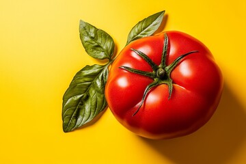 Poster - A flat, modern design of a whole tomato with a single leaf, symbolizing freshness