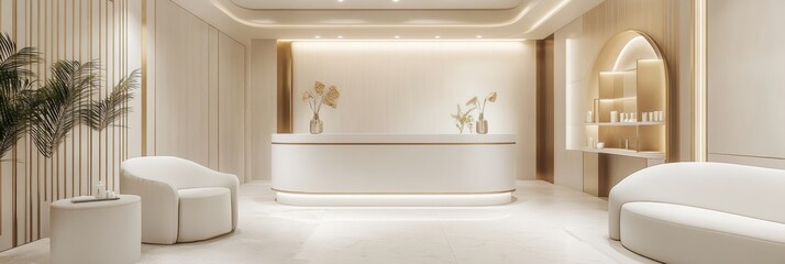 Poster - Modern interior design of a minimalist spa reception area with elegant decor and calming atmosphere. Generative AI