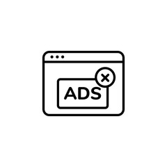 Poster - Simple black line icon of a browser window with the word ads inside a crossed circle symbol.