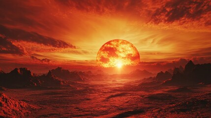 Aufkleber - A desert landscape glowing under the vivid red and orange tones of a blazing sunset.