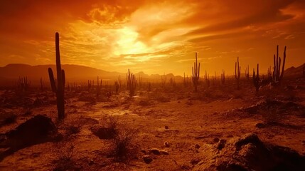 Poster - A desert landscape in Arizona glowing under the fiery hues of a dramatic sunset, with saguaro cacti silhouetted.