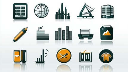 Poster - A detailed EPS icon set featuring professional themes like meetings, data analysis, and global commerce.