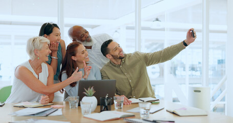 Aufkleber - Phone, selfie or business people peace sign for success team building, collaboration or teamwork. Happy, smile or employee wit smartphone for social media, comic or meeting happiness photo in office