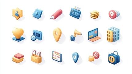 Poster - A detailed icon set showcasing online business themes like digital marketing, e-commerce, and web design tools.