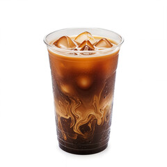 iced coffee with cream swirls in clear plastic cup, cold brew refreshment