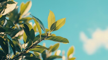Poster - A detailed view of a tree branch with fresh green leaves against a blue sky.