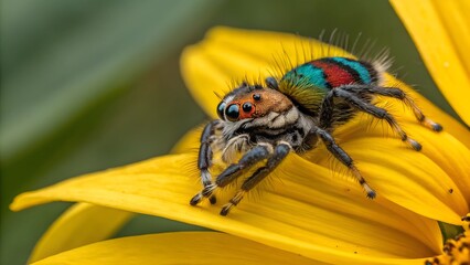 Wall Mural - jewel spider on flower: a stunning macro shot of a colorful jewel spider resting on the vibrant yell