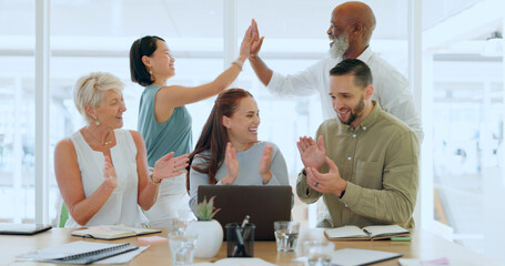 Aufkleber - Business people, laptop and applause for teamwork collaboration, high five and smile for project success at the office. Group of happy creative employee workers clapping by computer for team startup