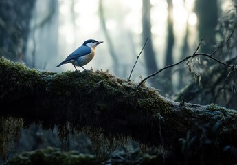 Poster - Captivating Bird Perched on Lichen-Covered Log in Misty Forest at Dawn, Evoking Nature's Beauty and Serenity in Tranquil Environment