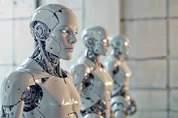  Close-up of a row of white cyborg robots stands silently