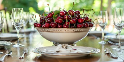 Poster - A dining table setting with a large bowl of cherries as the centerpiece, surrounded by cutlery and glasses.