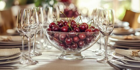 Poster - A dining table setting with a large bowl of cherries as the centerpiece, surrounded by cutlery and glasses.
