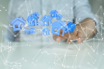 Poster - home data. Digital cyberspace with particles and Digital data network connections concept.