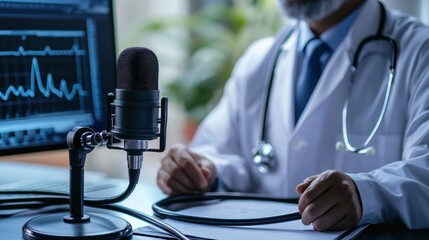 Poster - A doctor in a white coat recording a podcast with a stethoscope visible on the desk.