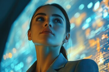 Aufkleber - A young woman gazes upward, illuminated by vibrant, abstract blue and orange digital lights.