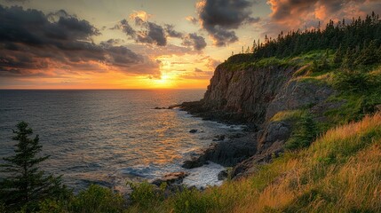 Poster - A dramatic coastal cliffside glowing under the fiery hues of a setting sun.