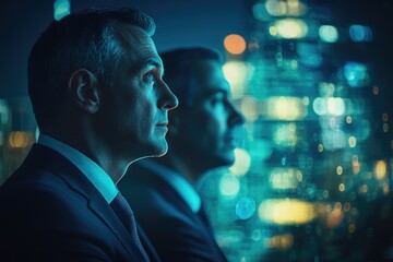 Poster - Two businessmen look out at a city at night, contemplating the future.