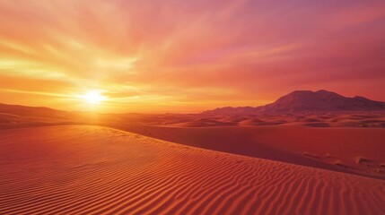 Poster - A dramatic desert landscape, with the horizon painted in fiery orange and pink during sunset.