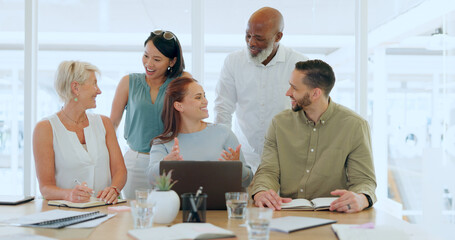 Poster - Teamwork, collaboration and diversity at laptop presentation in office of marketing, advertising and design company. Group idea, brainstorming strategy and team working together on a creative project