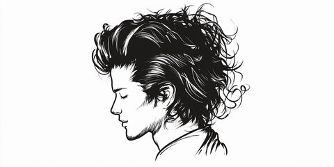 Poster - Monochrome hand drawn portrait of a young man with curly hair. Generative AI