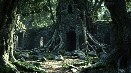 Poster - A dramatic shot of tree roots encircling an old ruin in a jungle