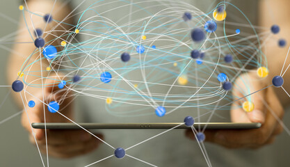 Fototapete - Digital technology background. Network connection dots and lines.