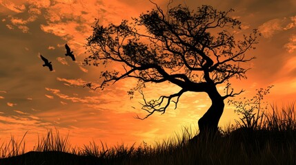 Poster - A dramatic tree silhouette at sunset, framed against an orange sky.