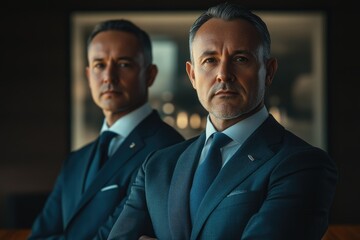 Poster - Two confident businessmen in suits, arms crossed, projecting power and success.