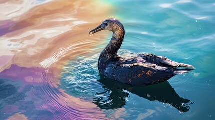 Poster - Oil spill impacts seabird in ocean, causing struggle amid rainbow sheen. Generative AI